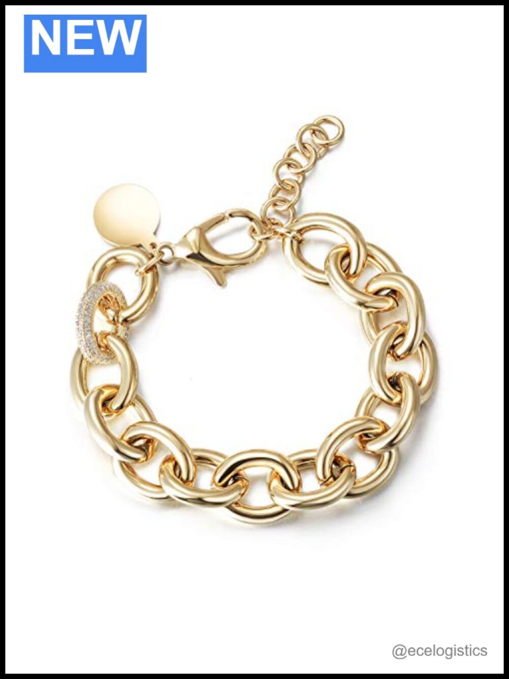 14K Gold Plated Stainless Steel Link Chain Bracelet with CZ Accent, Adjustable